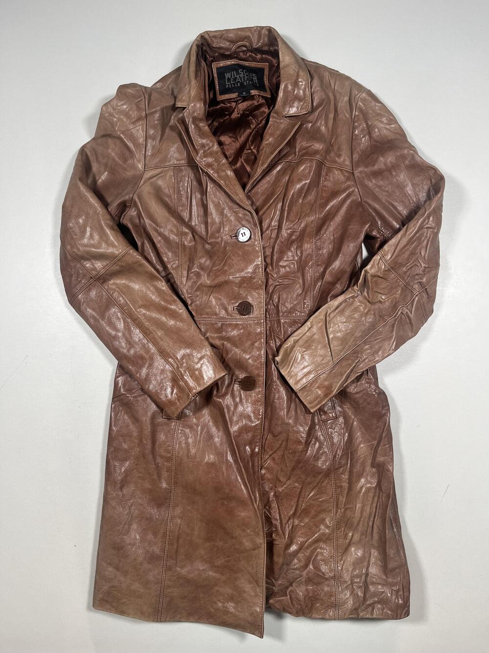 Wilsons Leather Coat Womens Small Brown Pelle Studio Button Front Lined Long